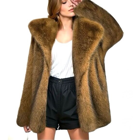 Premium Faux Fur Open Front Lapel Coat - Picture 1 of 5